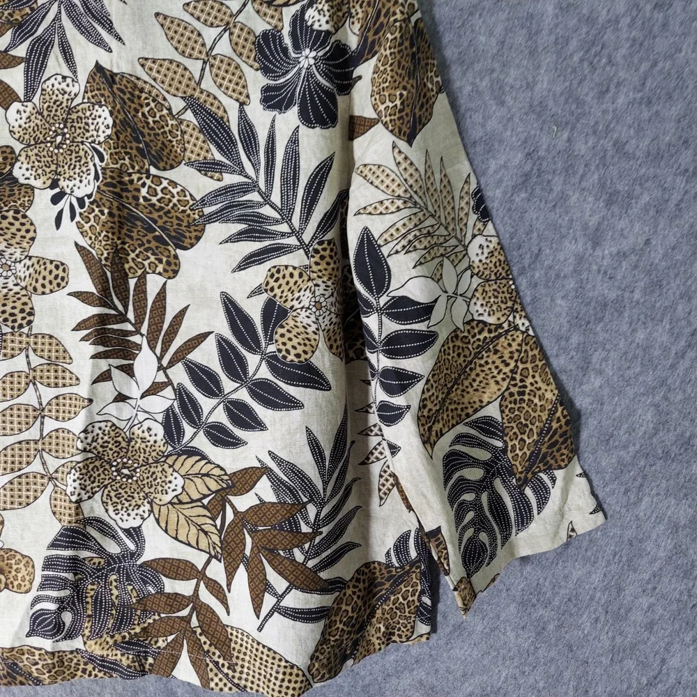 Hot Cotton Women Tunic M Tan Resort Safari Tropical Linen Floral Animal 3/4 Slve - Picture 7 of 7